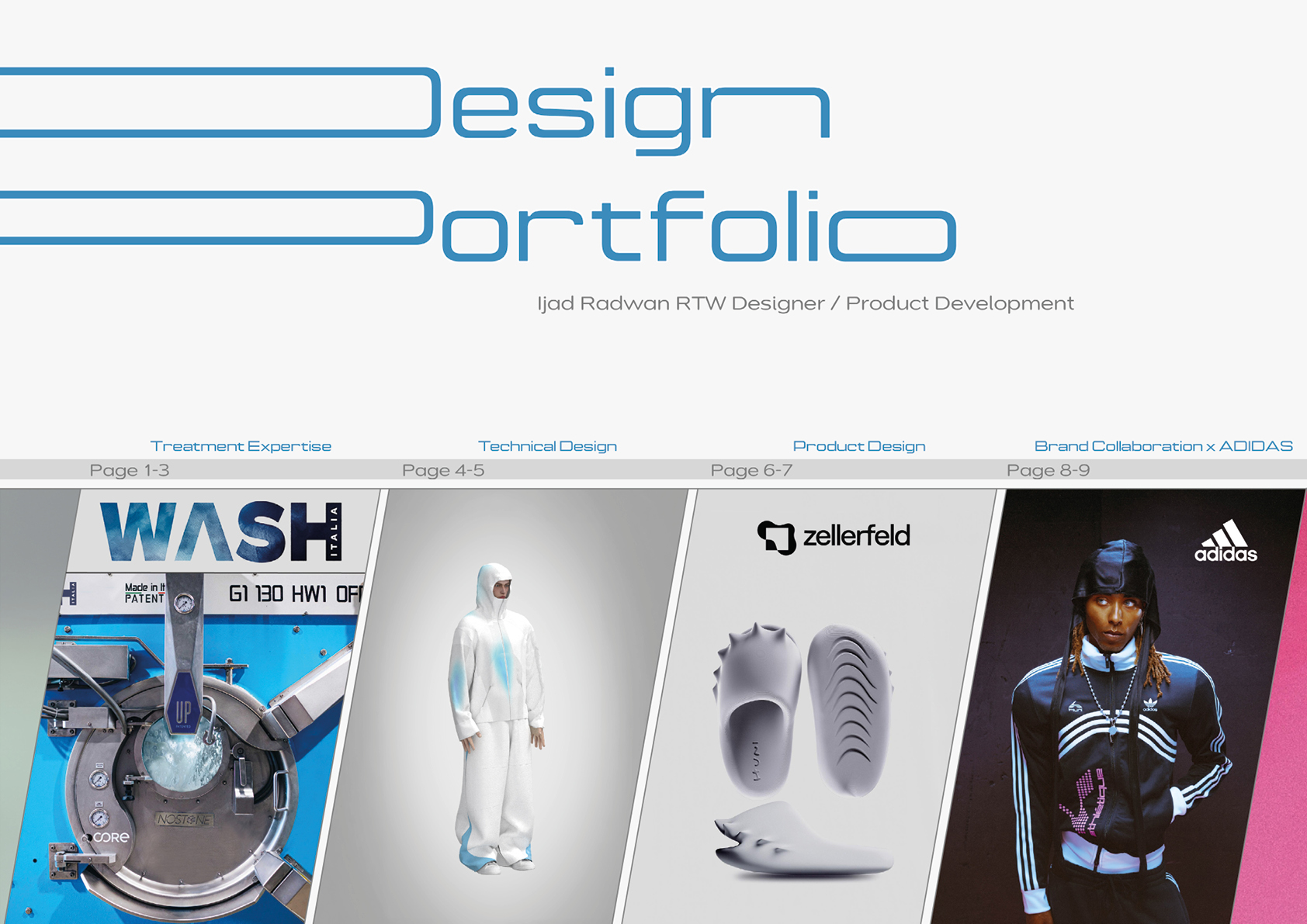 Design portfolio cover with four project categories: brand collaboration, treatment expertise, technical design, and product design.