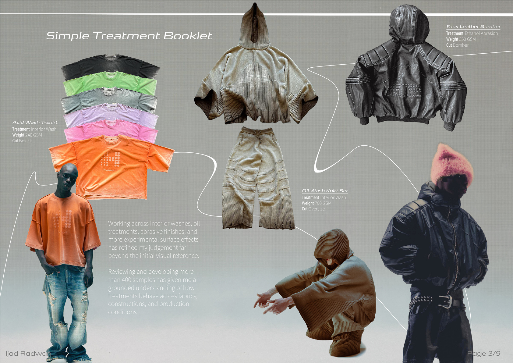 Treatment booklet presenting experimental washes, surface effects, and garment concepts.