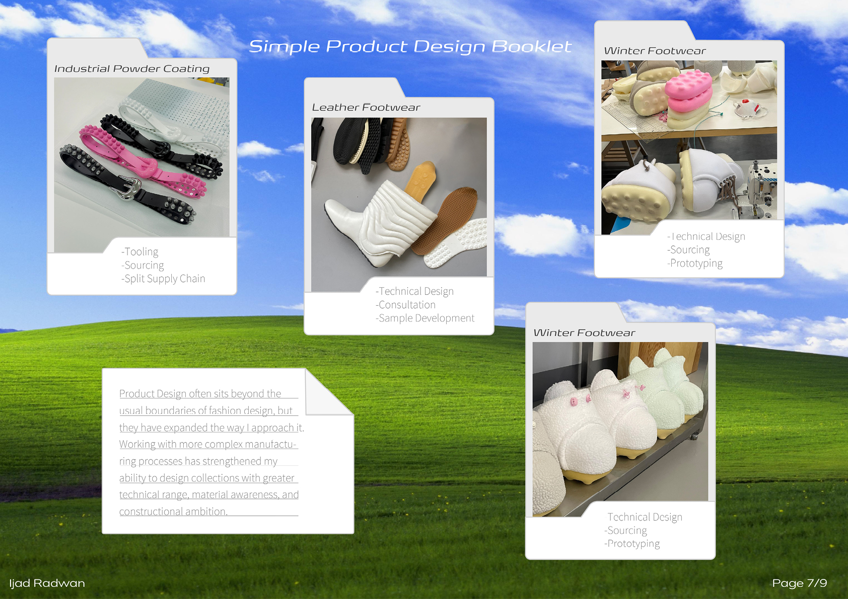 Product-design booklet presenting industrial coating, leather footwear, and winter footwear projects.